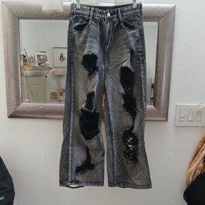 Distressed Flare Jeans in Gray and Black